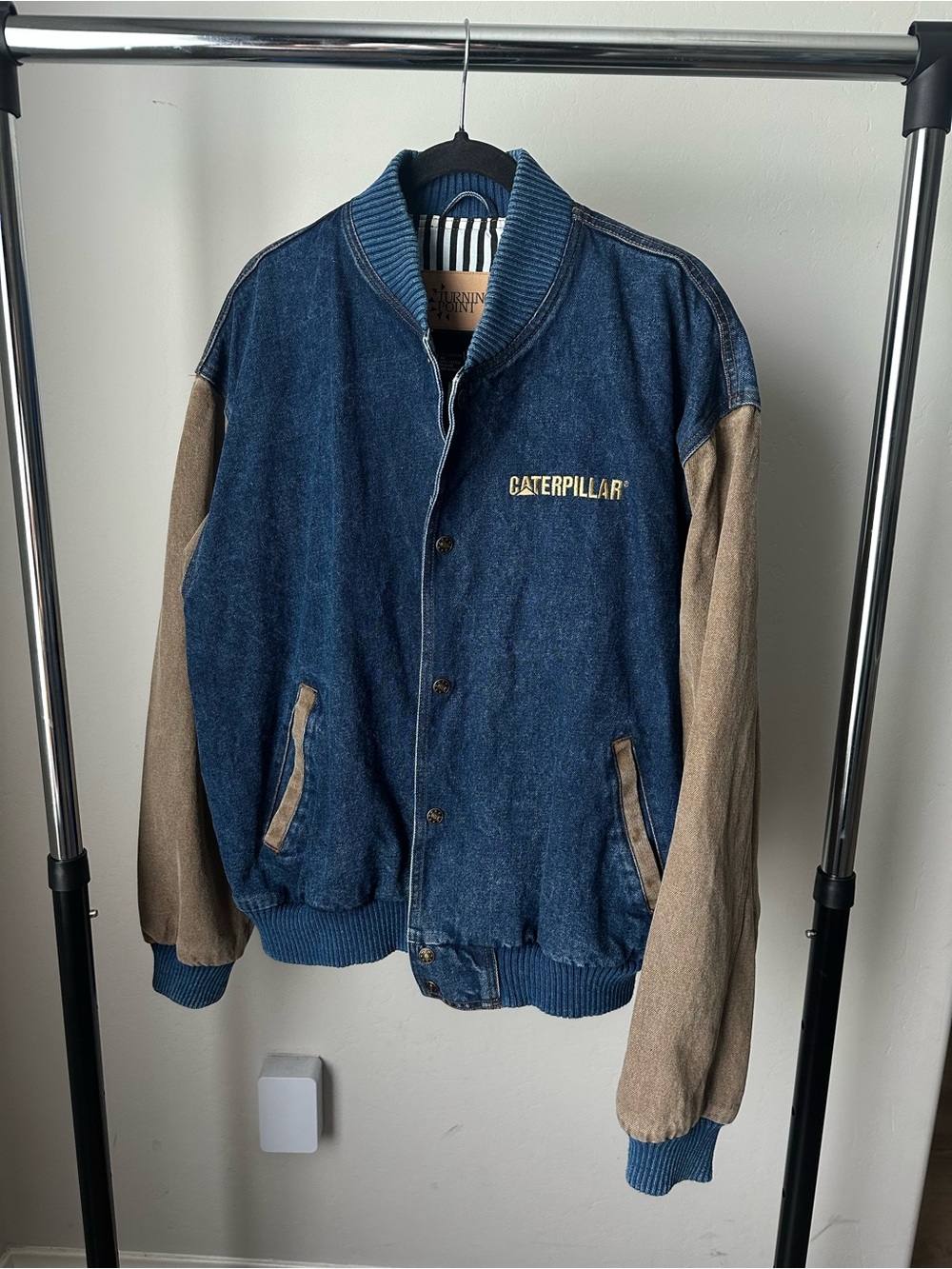 Caterpillar Blue Denim Bomber Jacket with Tan Sleeves